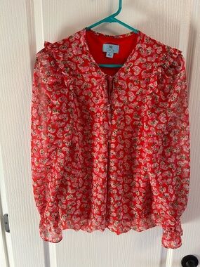 CeCe Red Floral Sheer Long-Sleeve Blouse